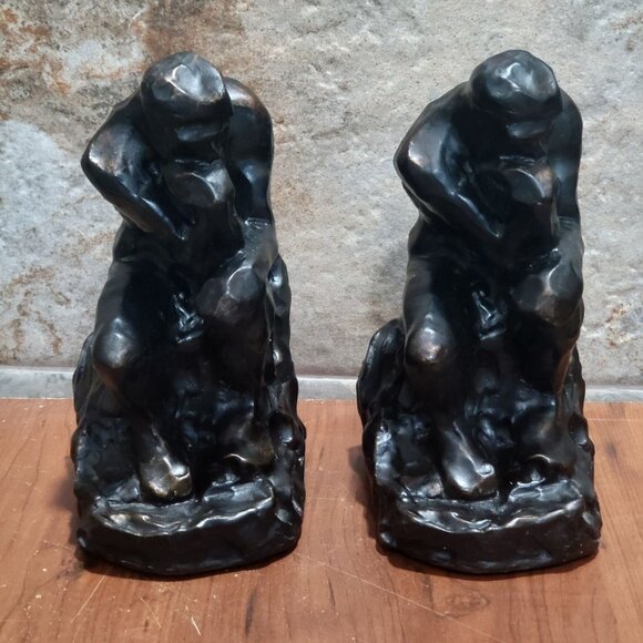 Vintage Bronze The Thinker Sculpture Bookend Set of 2 - Picture 1 of 13